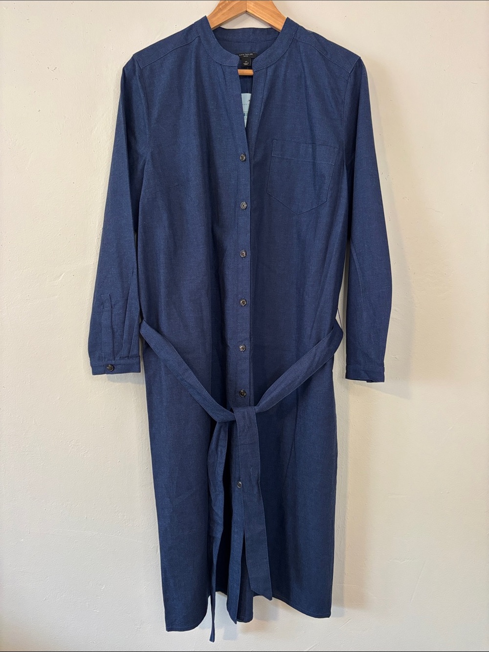NWT Ann Taylor Navy Longline Band-Collar Button-Down Shirt Dress with Tie 16P